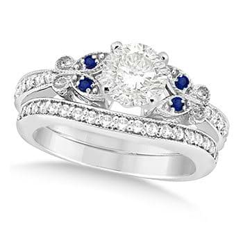 Round Diamond & Blue Sapphire Butterfly Bridal Set in 14k W Gold 0.71ct