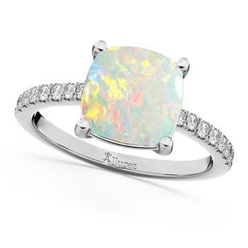 Cushion Cut Opal & Diamond Engagement Ring 14k White Gold (2.81ct)