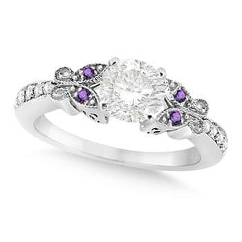 Round Diamond & Amethyst Butterfly Engagement Ring 14k W Gold (0.50ct)