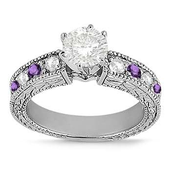 Antique Diamond & Amethyst Engagement Ring 14k White Gold (0.75ct)