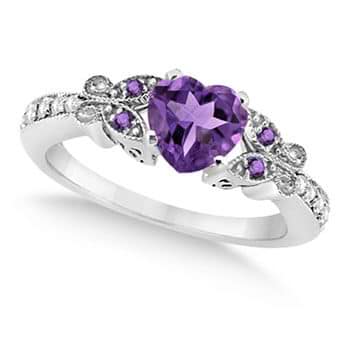 Butterfly Amethyst & Diamond Heart Engagement Ring 14K W Gold 1.28ct