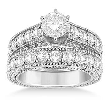 Antique Diamond Wedding & Engagement Ring Set 14k White Gold (2.15ct)