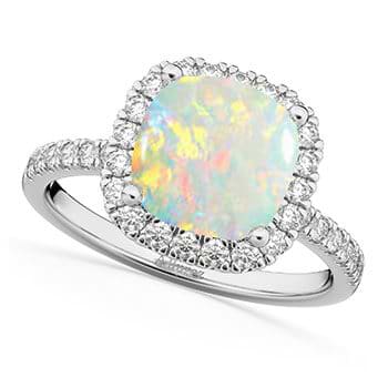 Cushion Cut Halo Opal & Diamond Engagement Ring 14k White Gold (3.11ct)