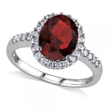 Oval Garnet & Halo Diamond Engagement Ring 14k White Gold 3.22ct