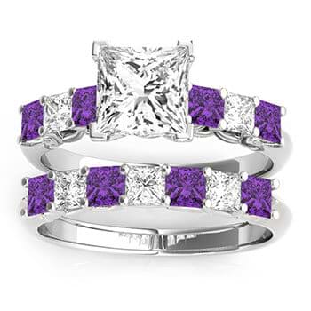 Princess cut Diamond & Amethyst Bridal Set 14k White Gold 1.30ct