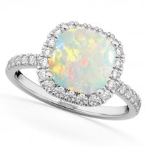 Cushion Cut Halo Opal & Diamond Engagement Ring 14k White Gold (3.11ct)