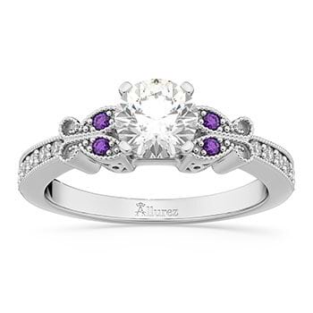 Butterfly Diamond & Amethyst Engagement Ring 14k White Gold (0.20ct)