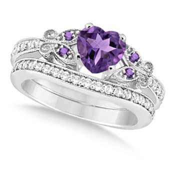 Butterfly Amethyst & Diamond Heart Bridal Set 14k White Gold 1.55ct