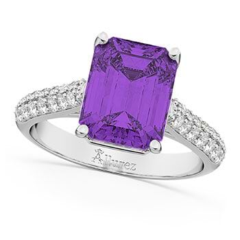 Emerald-Cut Amethyst & Diamond Engagement Ring 14k White Gold (5.54ct)