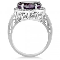 Heart Shaped Amethyst & Diamond Ring Halo 14K White Gold 5.41ct