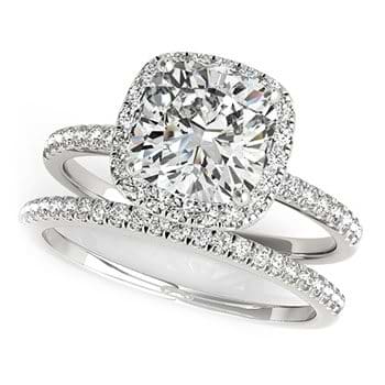 Cushion Diamond Halo Bridal Set French Pave 14k White Gold 0.84ct