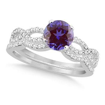 Infinity Style Alexandrite & Diamond Bridal Set 14k White Gold 1.29ct