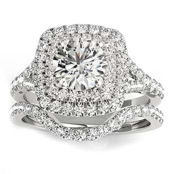 Square Double Halo Diamond Bridal Set Setting 14k White Gold (0.87ct)