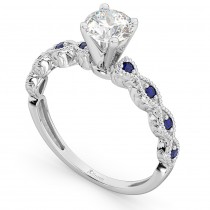 Vintage Lab Grown Diamond & Blue Sapphire Engagement Ring 14k White Gold 0.75ct