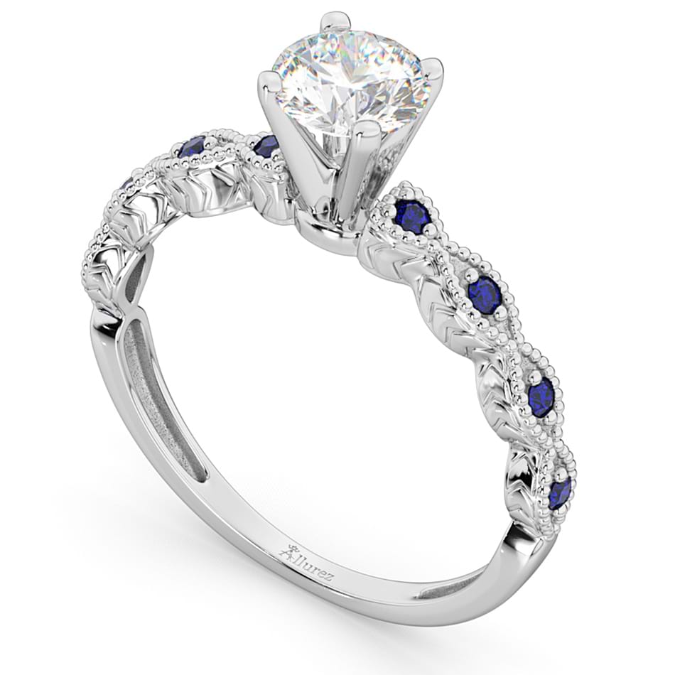 Vintage Lab Grown Diamond & Blue Sapphire Engagement Ring 14k White Gold 0.75ct