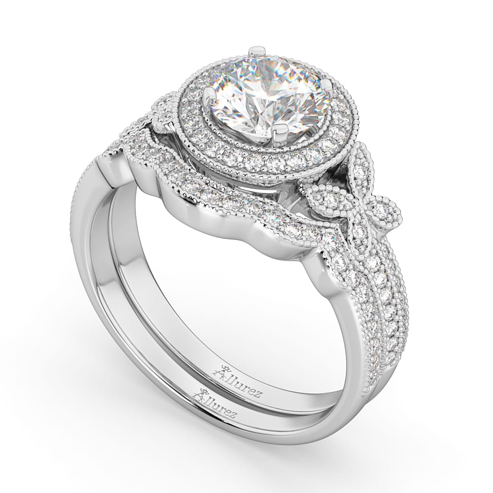 Butterfly Diamond Engagement Ring & Wedding Band 14k White Gold (0.58ct)