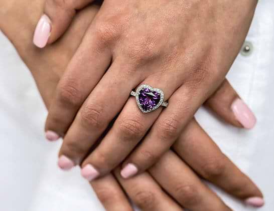 Heart Shaped Amethyst & Diamond Ring Halo 14K White Gold 5.41ct